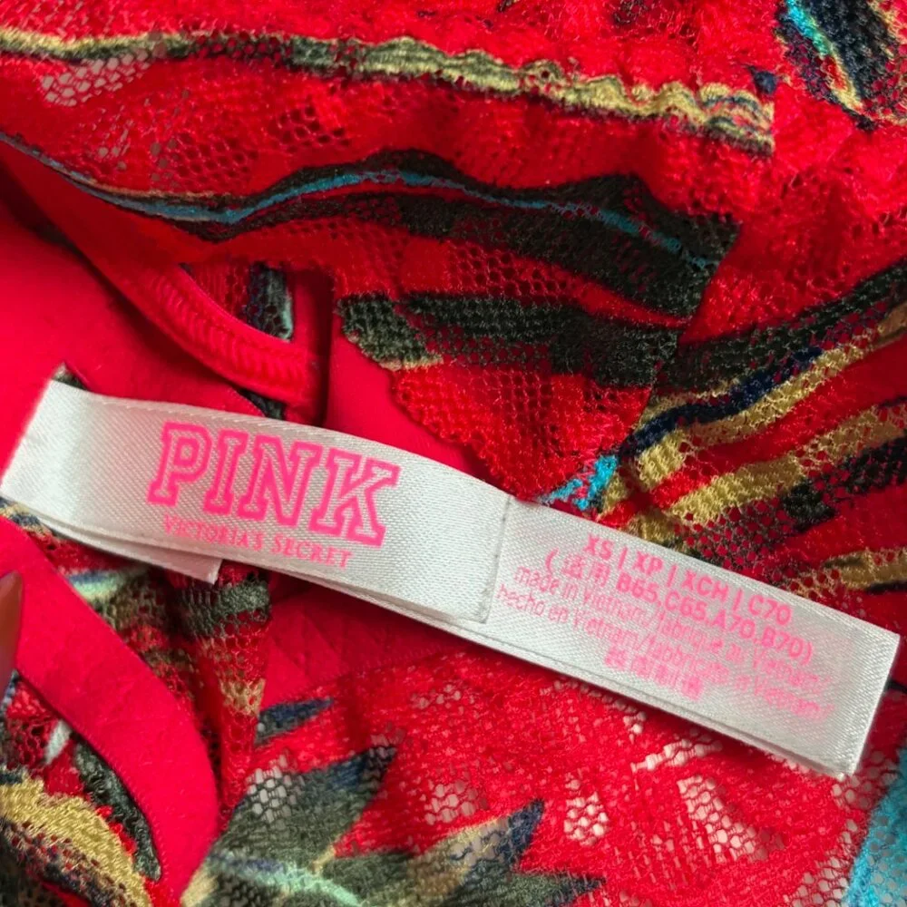 PINK by Victoria's Secret Lace Cross-Front Halter Bralette (Red Tropical Print)